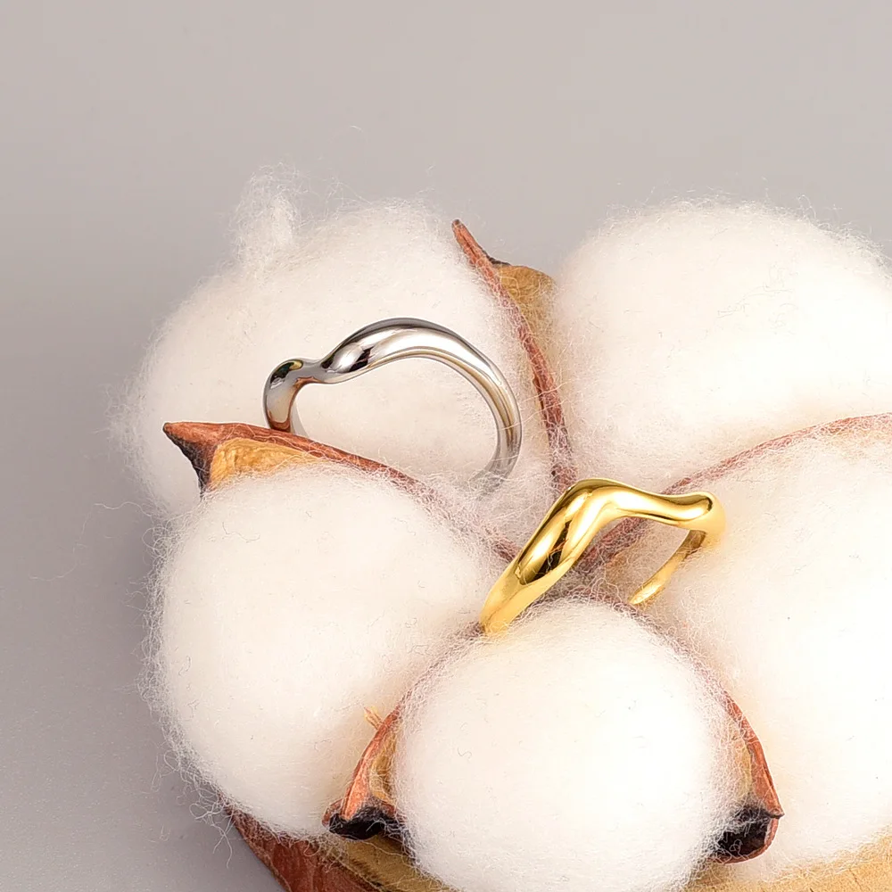 2 Pcs/set 316L Stainless Steel Bending Ring Stackable Silver Gold Plated Wave Adjustable Open Ring for Women