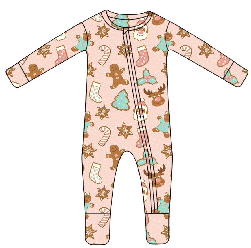 Custom printing gingerbread snowflakes christmas trees seamless pattern two-way zipper Bamboo soft pajamas