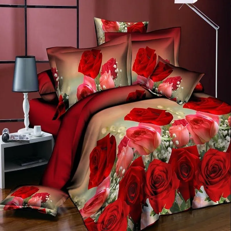 Sample Available Red Color 3D Printed Queen Size Luxury Duvet Cover Bedding Sheets Set