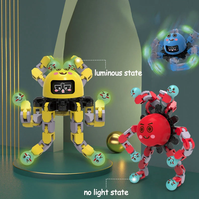 2022 Amazon Top Seller Fluorescence Diy Transformable Chain Robot Spinning Luminous Stress Relief Sensory Fidget Spinner Toy