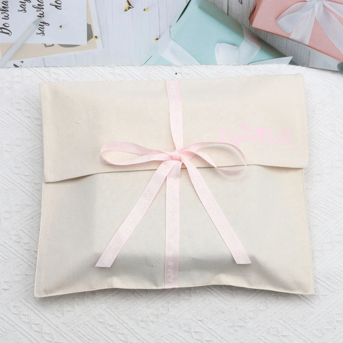 Custom Logo Printed Envelope Muslin Wallet Clothes Pouch Bag Natural Ribbon Canvas Cotton Envelope Dust Bag