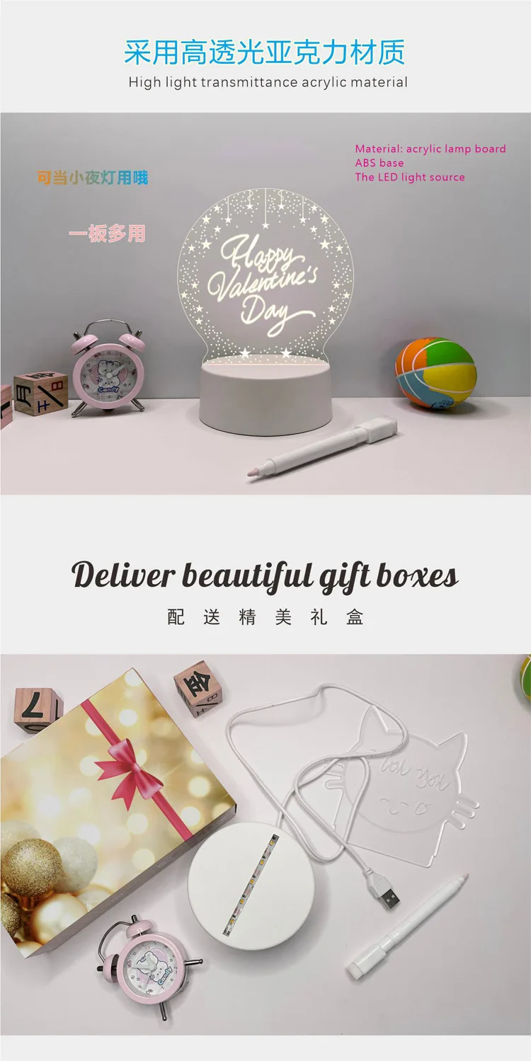 Acrylic Blank Writing Board Doodle Blank Acrylic Led Night Lamp USB Message Board Holiday Light With Pen 7 Color
