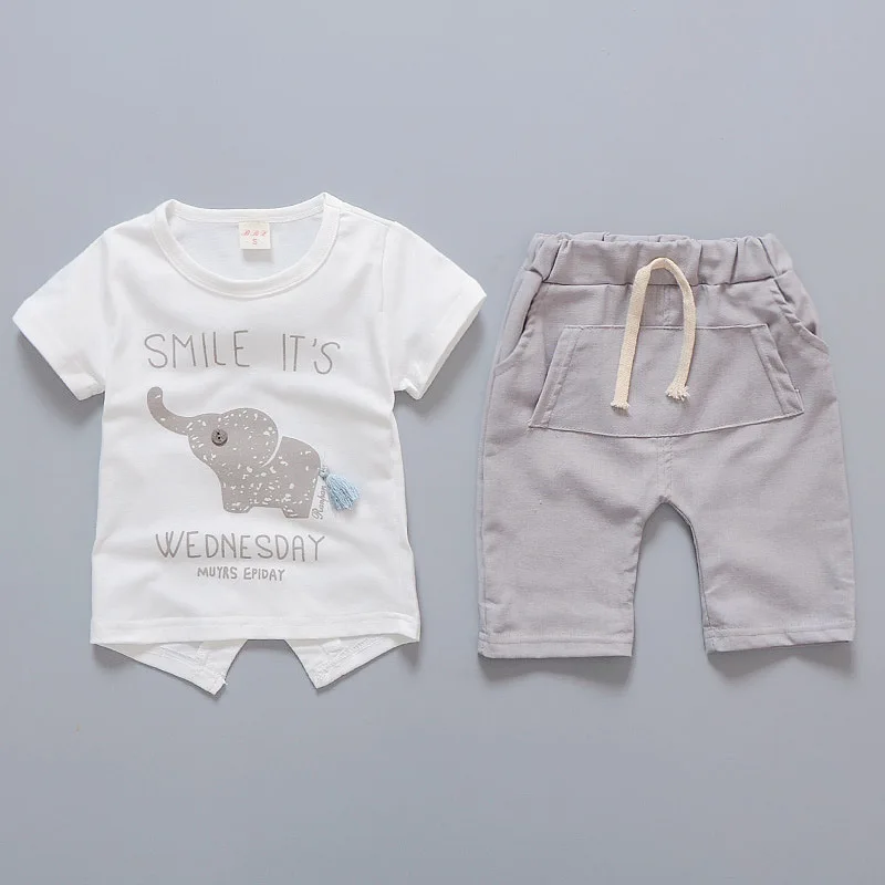 Korean Version Boys Summer Two-Piece Set Casual Cotton Short Sleeve Shorts with Printed Elephant Kids Summer Wear