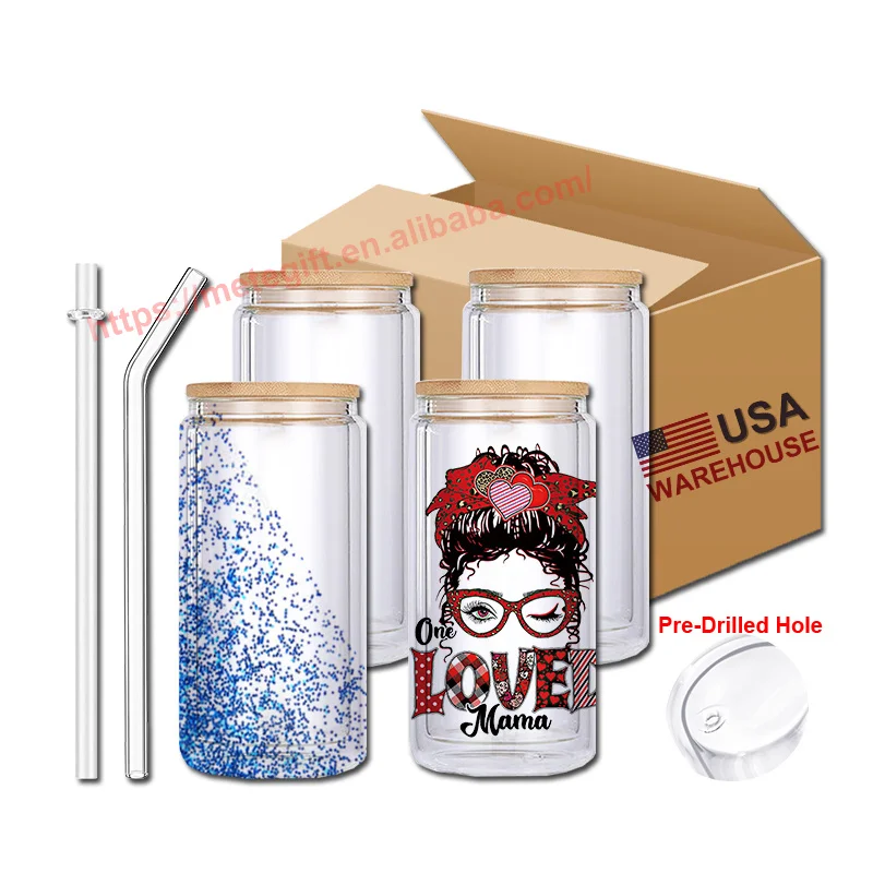 12oz 16oz 20oz Pre Drilled Hole Blank Sublimation Clear Snowglobe Beer Glasses Can Mug Snow Globe Tumbler Cup with Lid and Straw