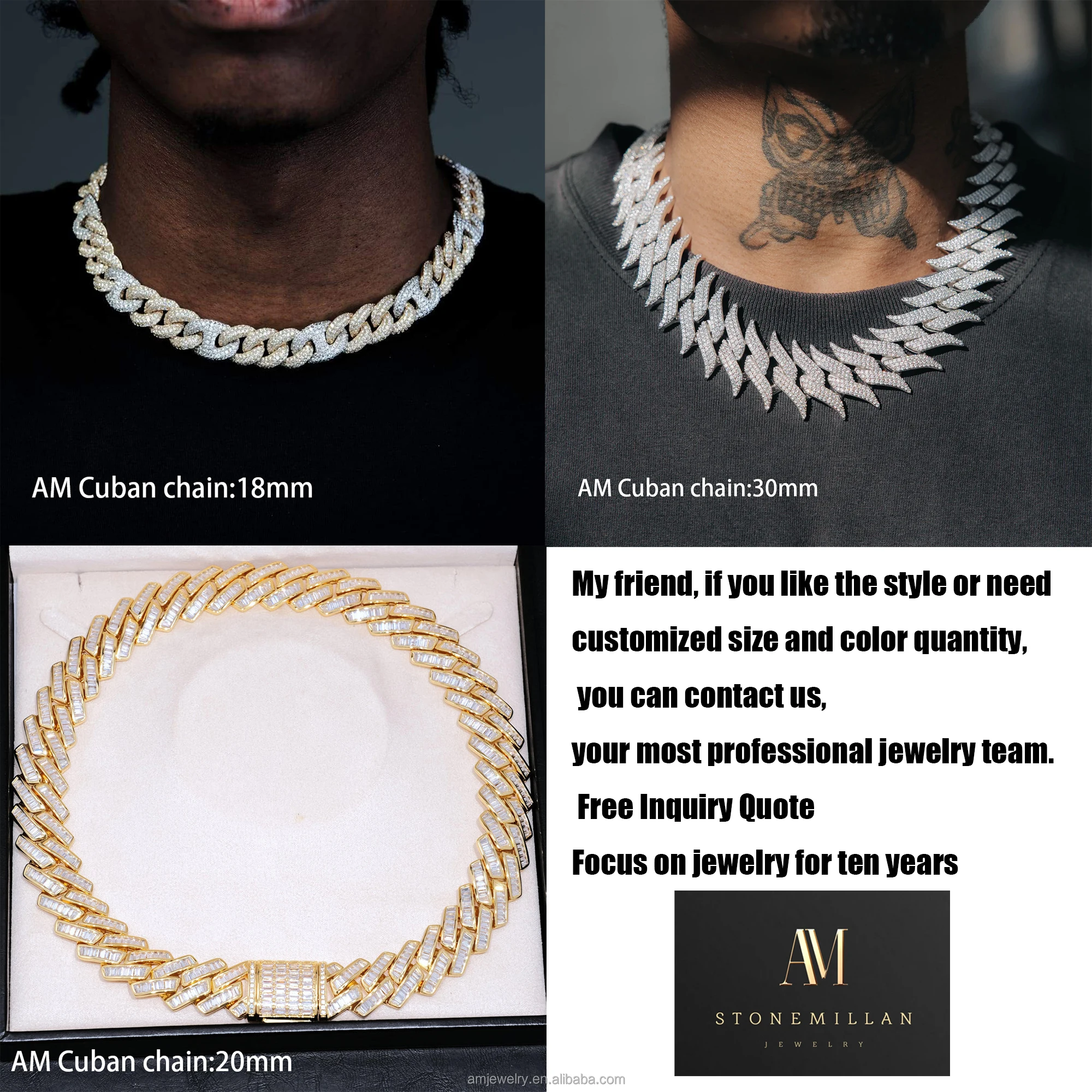 High Quality Custom Hip Hop Diamond D VVS1 Jewelry 18K Gold Plated 8mm 15mm 20mm 22mm Moissanite Cuban Link Chain