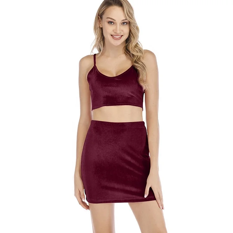 trending products 2022 new arrival women sexy velour 2 piece skirt outfit sets velvet stretchy cami top and mini skirt sets
