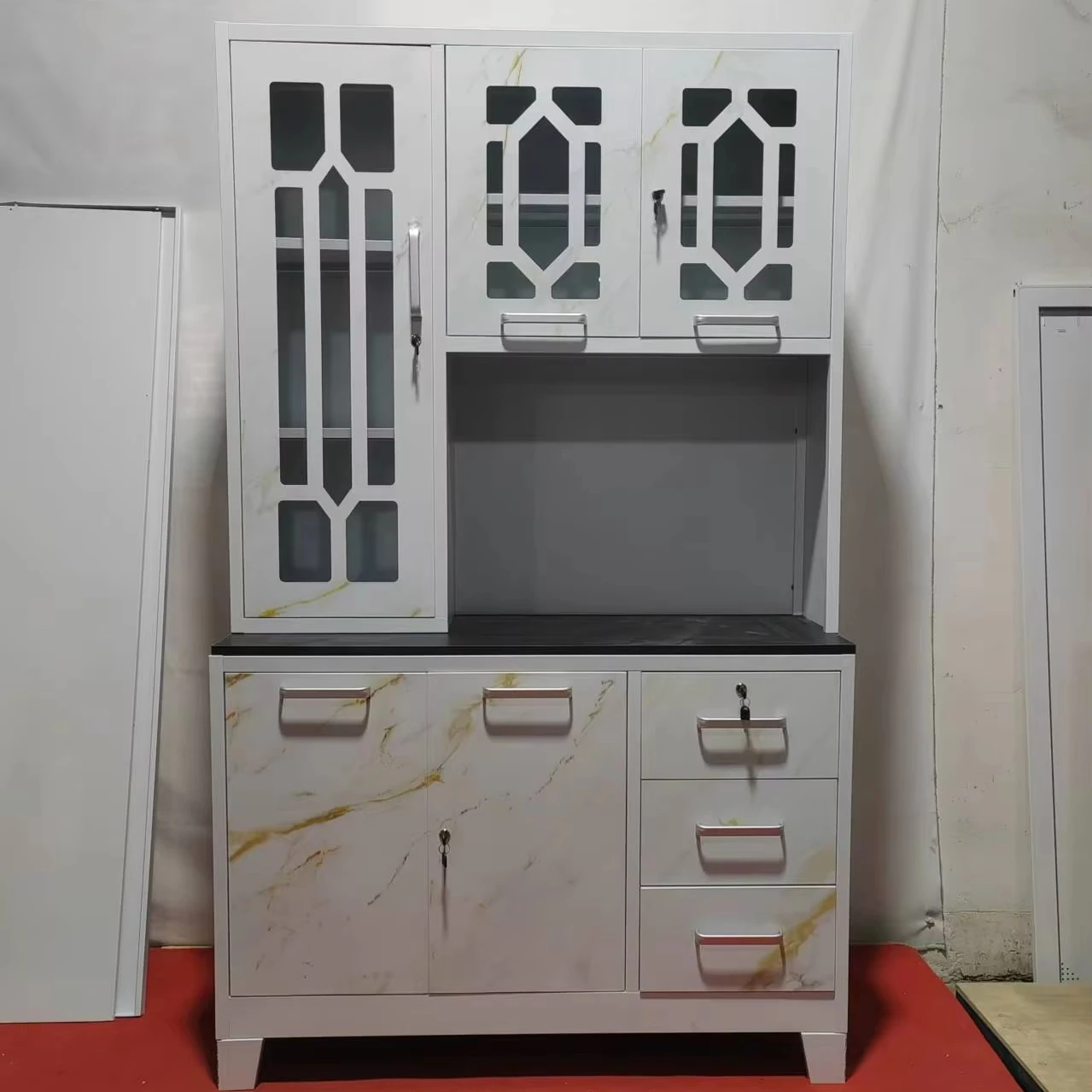 Modern Steel Kitchen Cabinets with Doors Shelves Drawers for Retail and Distribution