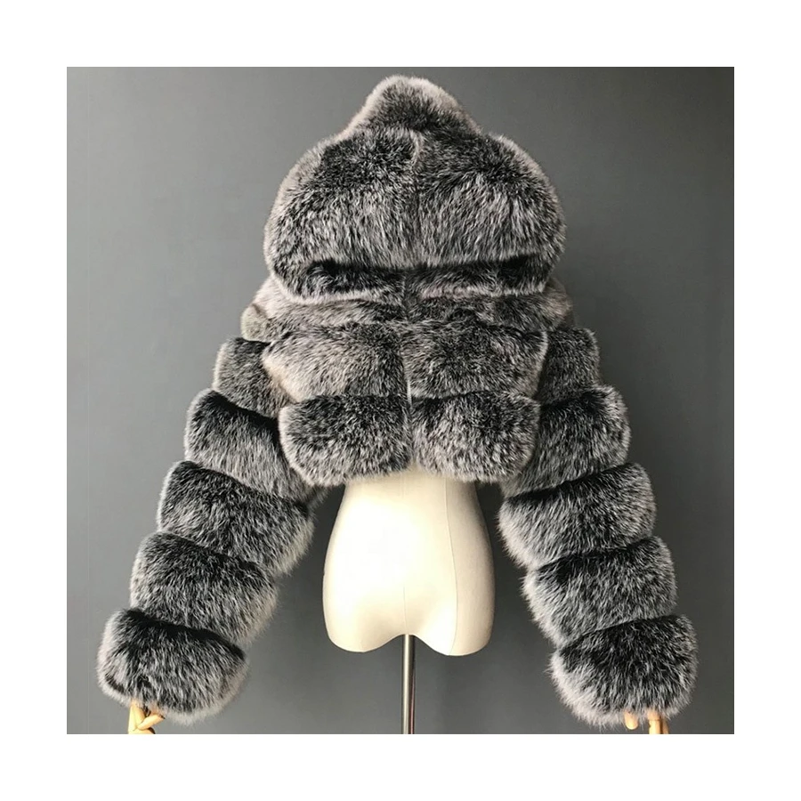 Wholesale Fashion Short Jacket Ladies Winter Coats Hood Faux Fur Coat for Women