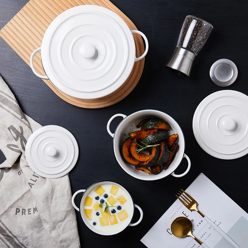 Nordic Brief Style Ceramic Soup Bowl Casserole Handle And Lid Anti Scald Breakfast Oatmean Dessert Salad Ramen Bowl Dinnerware