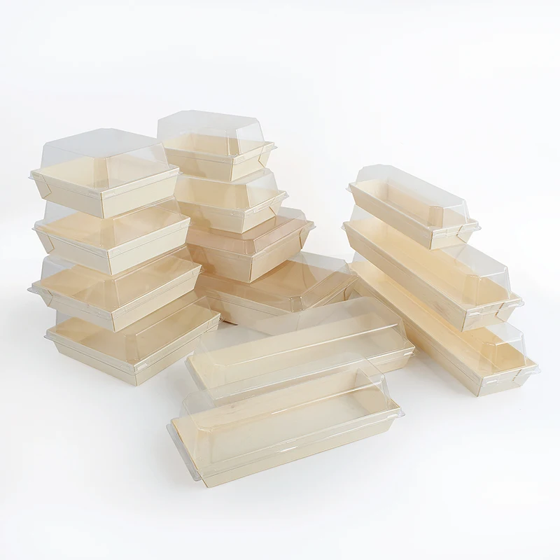 Poplar Wooden Take Out Sushi Box Pastry Salad Food Container With Clear Lid