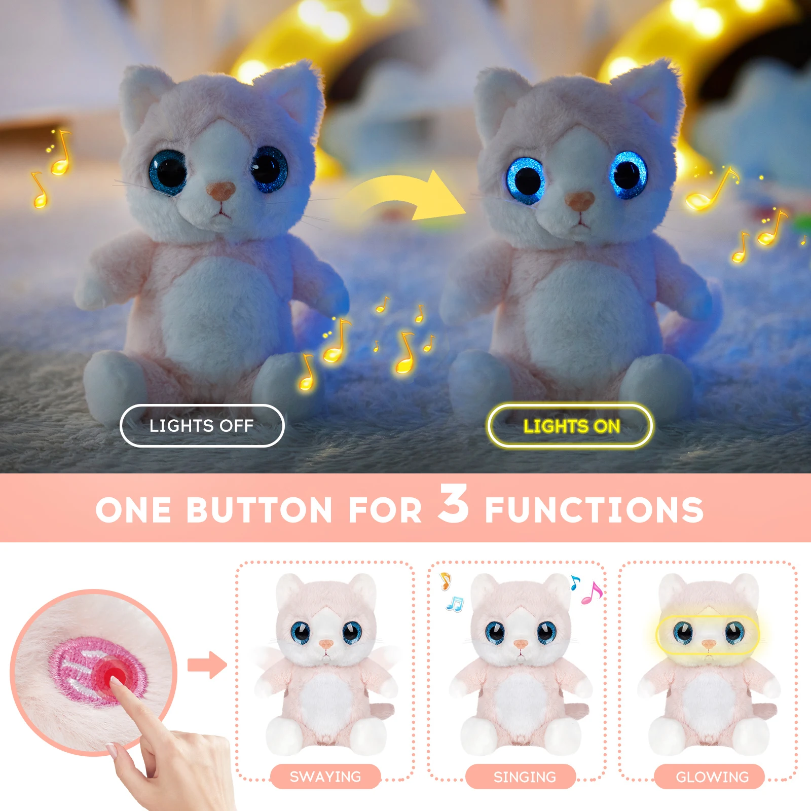30 cm Big Eyes Kitty Cat Featured Singing glowing LED swaying dancing kids toy squish toy gifts unisex child and stress relief