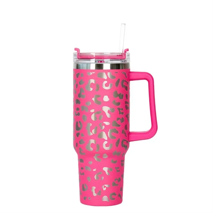 Stainless Steel Vacuum Insulated Travel Mug Leopard Cup 40oz Tumbler With Handle Lids And Straw