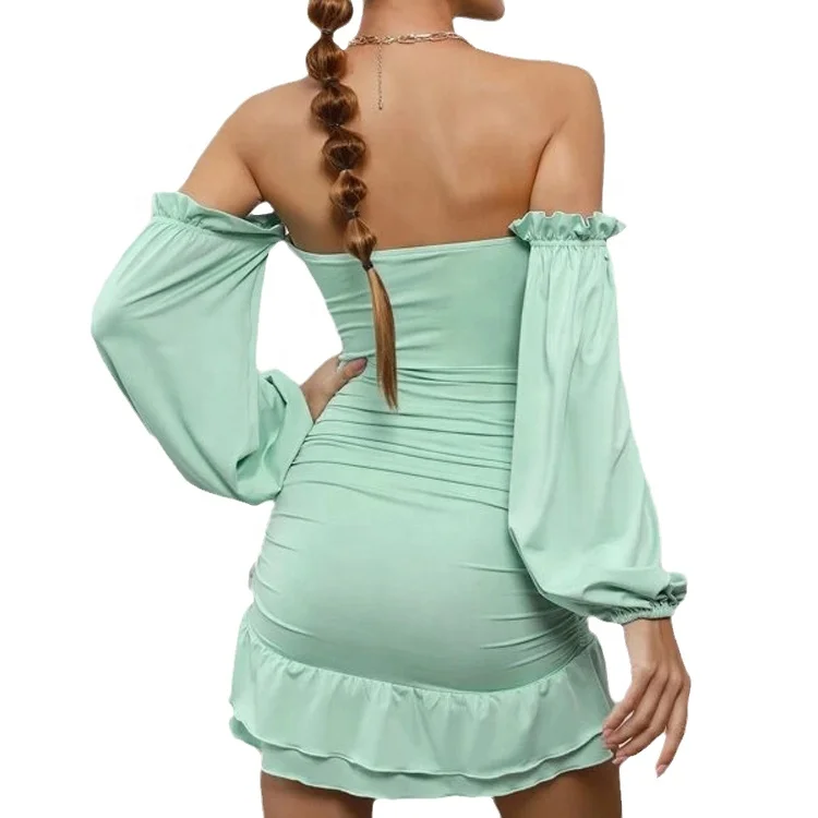 custom 2022 lady elegant casual summer fashion luxury women sexy wholesale Off Shoulder Bishop Sleeve Cut Out Ruched mini Dress