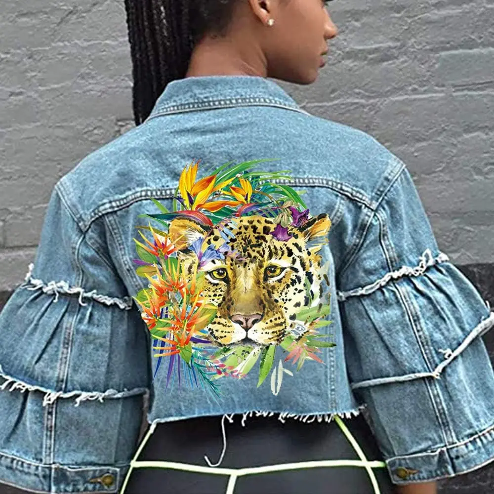 Flower Tiger Head Iron on Patches Sticker Vinyl Decals for Jeans T-Shirt Clothing Art DIY Decorations Women Men Clothes Sticker