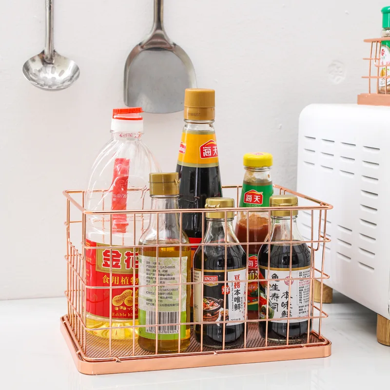 Rose Gold Metal Wire Storage Basket Organizer Bin Desktop Baskets Fruit Basket for Kitchen Cabinet Freezer Bedroom Bathroom