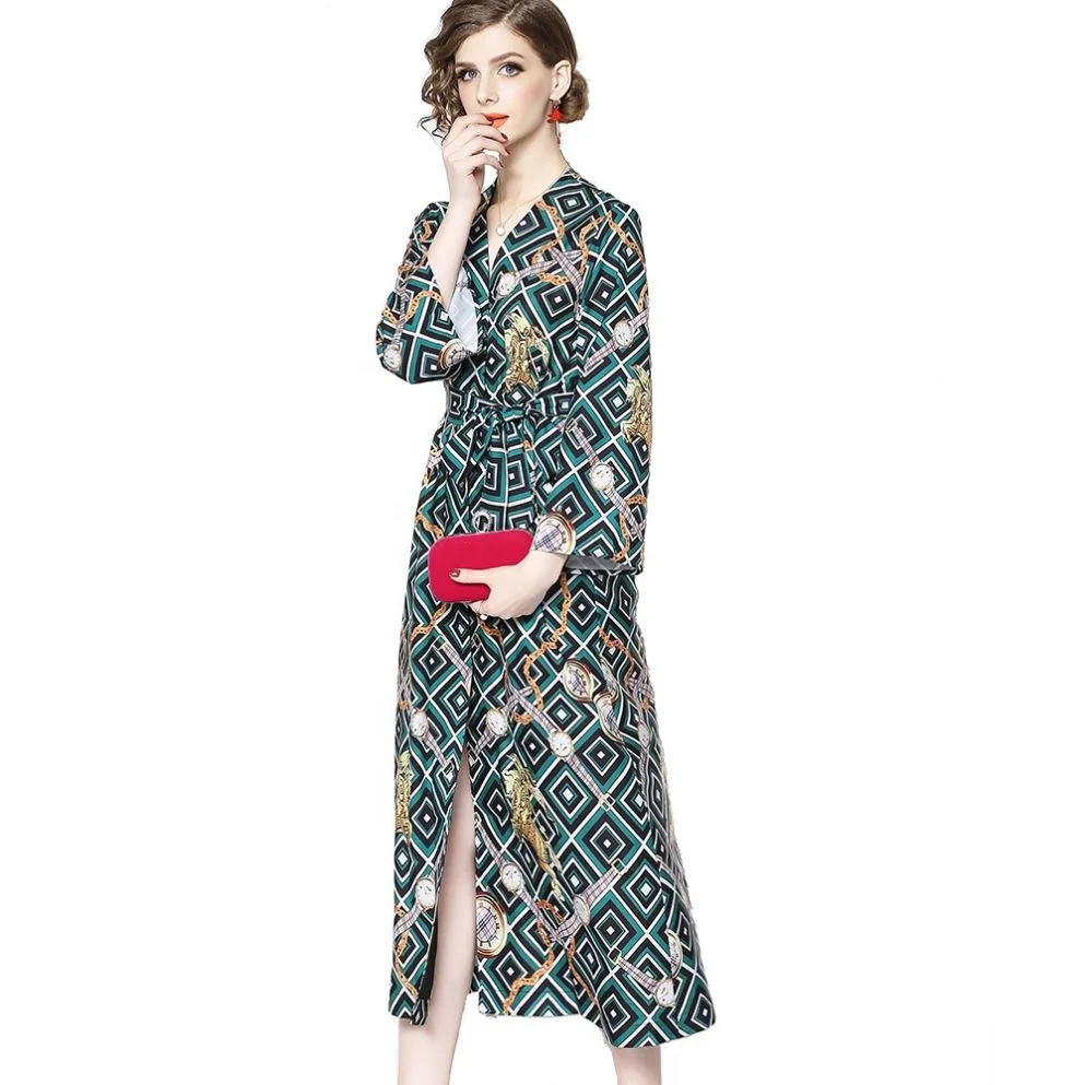 
Wholesale Women New Fashion V Neck Wide Cuff Wrist Long Sleeve Plaid Print Dress 