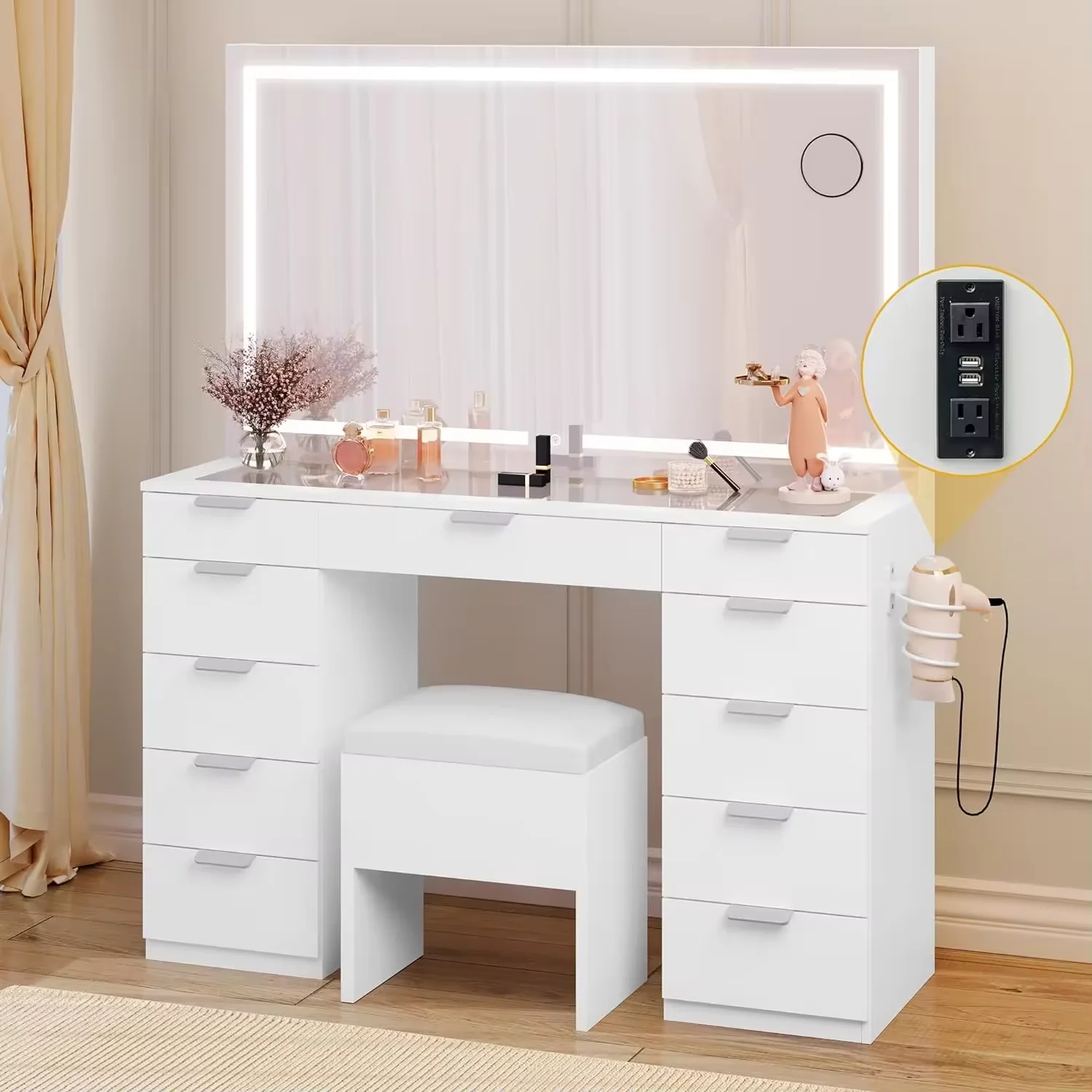 Vanity Desk Set with Large LED Lighted Mirror Power Outlet Glass Top Vanity with 11 Drawers and Magnifying Glass