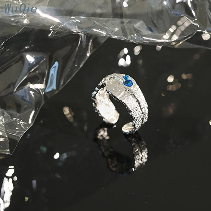Wuqie Niche Design Irregular Texture Silver Gold Plated Ring Statement Blue Zircon Ring for Women