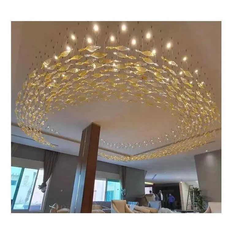 Luxury Ceiling Hanging Lamps Decorative Golden Twisted Glass Leaf Chandeliers for Restaurant Lobby Living Room Villa
