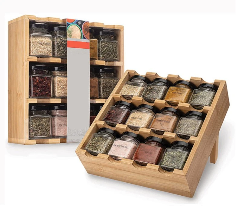 Sample Available Wholesale 3 Tiers Bamboo Organizer 12-Jar Wooden Spice Rack Set Bamboo Spices Organizer Rack