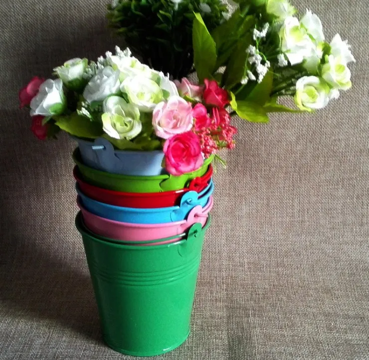 Colorful Mini Garden Bucket Pail Wedding Decoration Candy Box Flower Planting Pot with Handle Iron Water Metal Bucket