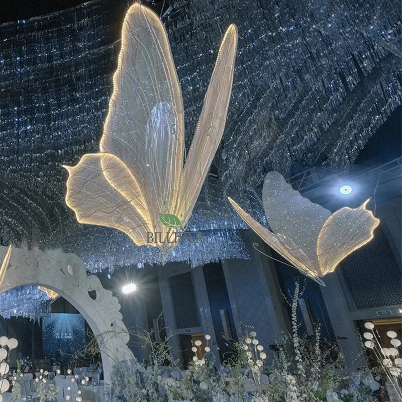 White Gold Luminous Butterfly Light Hanging Large Butterfly Road Lead Wedding Party Stage lighting for wedding hall