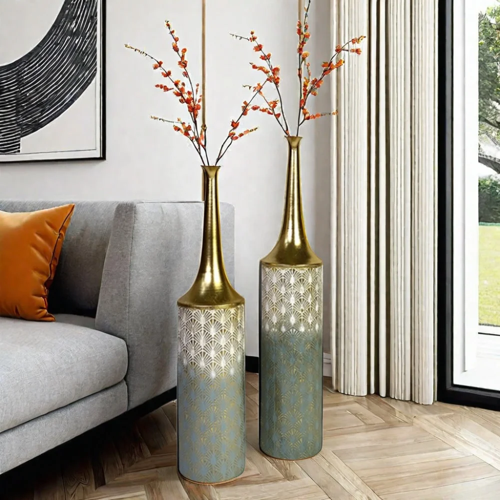 Lander Tall Set of 2 Coastal Big Flowers Vases Farmhouse Rustic Floor Metal Vases for Home Decor