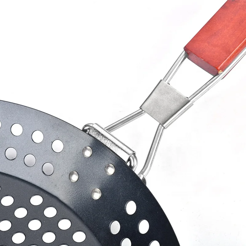 Bbq Grilling Non Stick Coating Pan Accessories Round Basket Skillet Grill Topper With Removable Wooden Handle