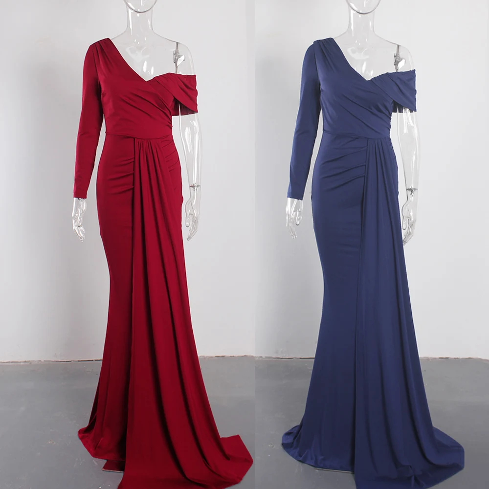 One Sleeve Pleated  Floor Length White Evening Dress Bridesmaids Party Prom Gown With Ribbon for Women