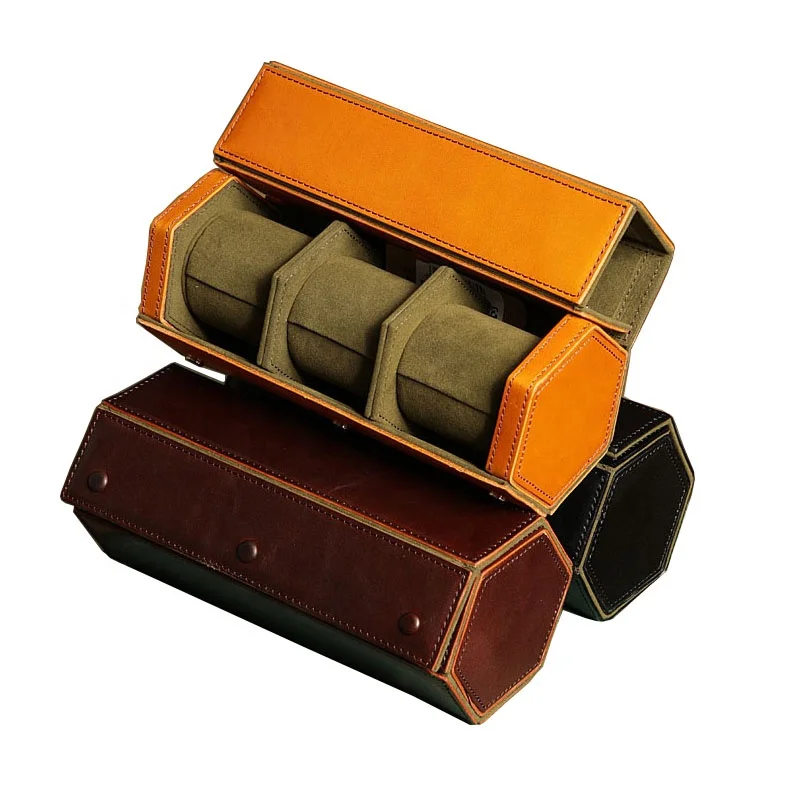 Genuine leather watch roll box luxury watch leather box hexagon travel handmade roll up watch case real leather