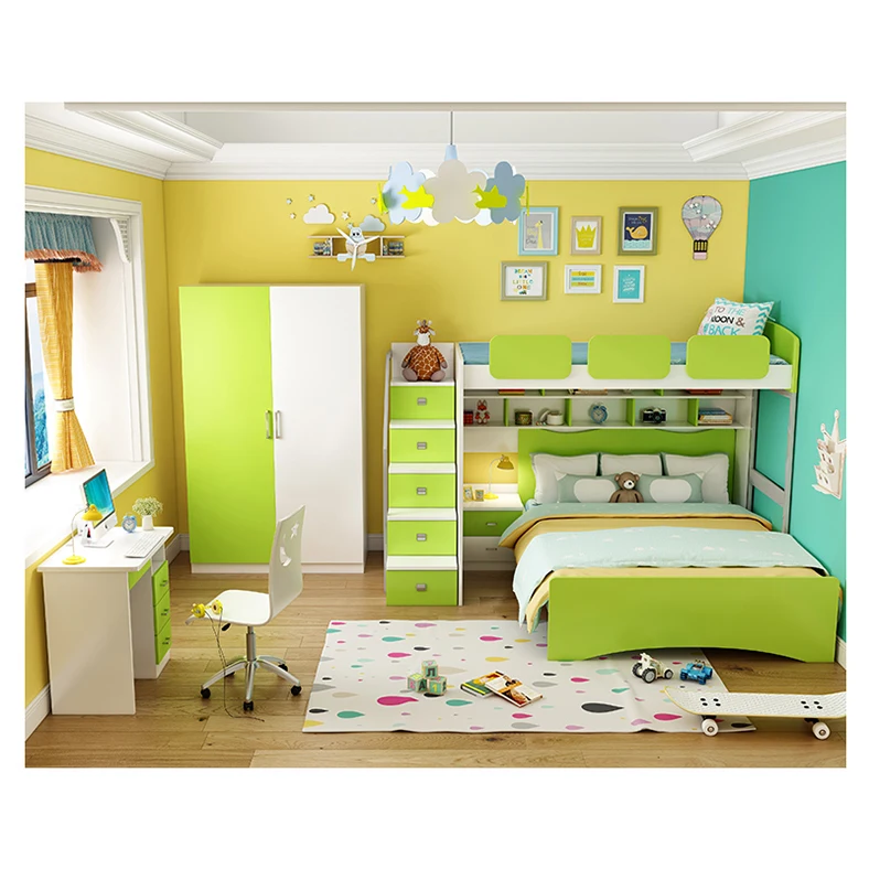 pink double multi-functional wood children bunk beds With Storage Drawers and table barbie