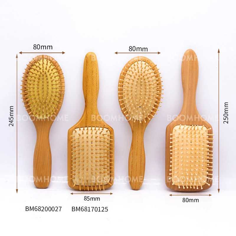 Custom Logo wood needle cushion brush Packing Wide Tooth  Brush Set 4styles Natural wooden Paddle custom hairbrush