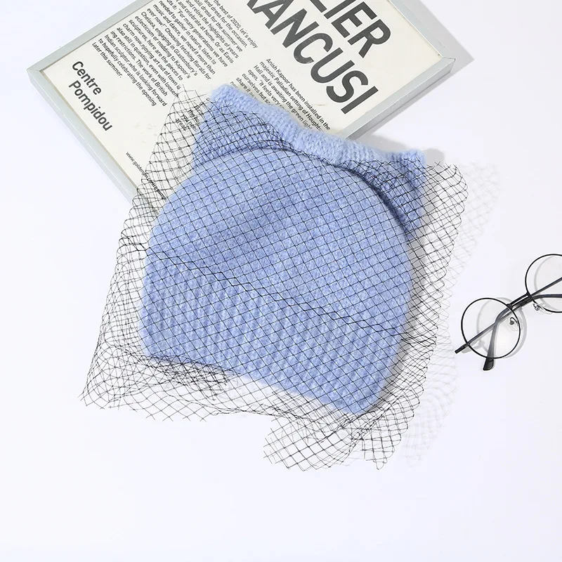 fashion Stylish Warm women acrylic ski custom logo jacquard Bow beanie hat Unisex Skull Thick Soft Ski Beanie with mesh veil