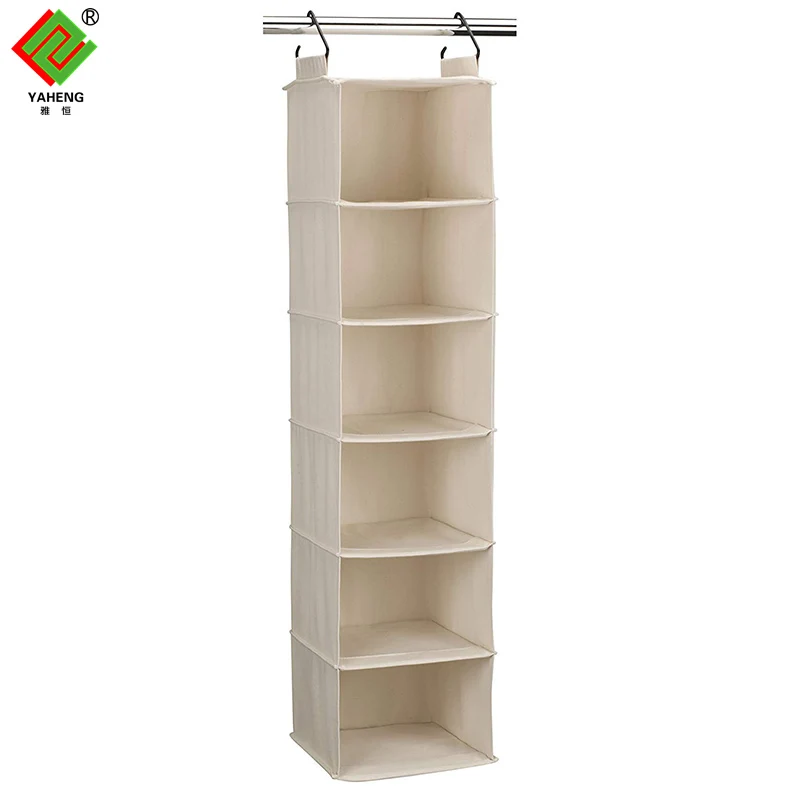 6 Pockets Canvas Collapsible Shelves Hanging Closet Storage Bag Hanging Wardrobe Organizer with Mesh Pockets