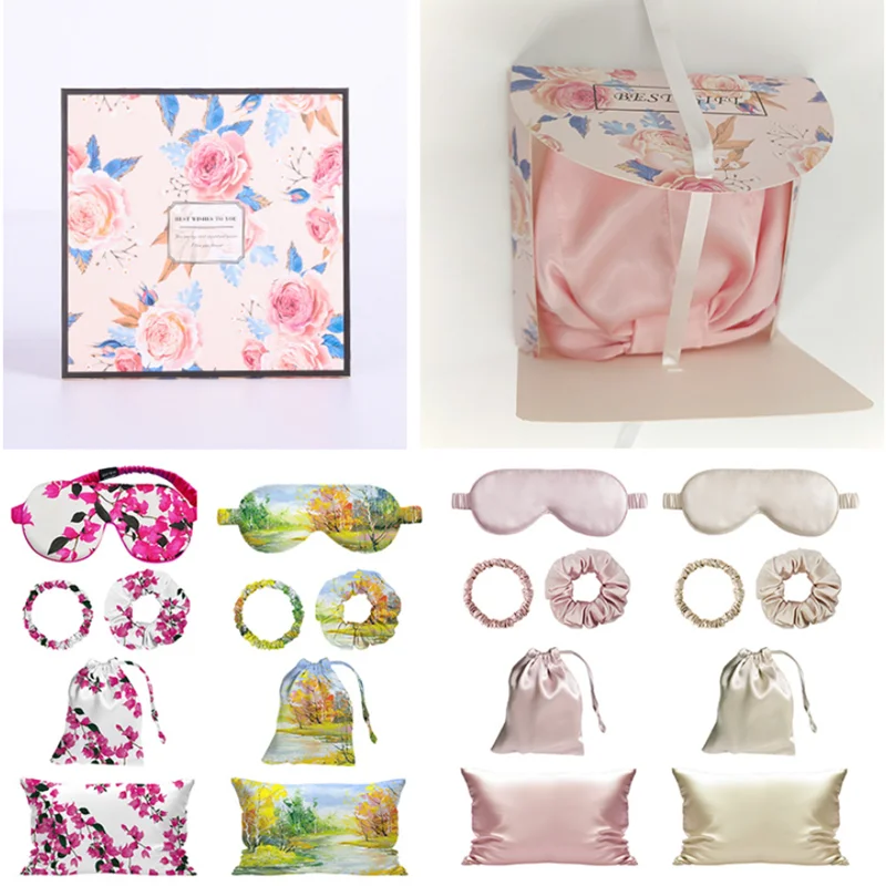 Real 100% Silk Pillowcase Set Mulberry Silk Eye Mask Blindfolds Women Silk Scrunchies Gift Set