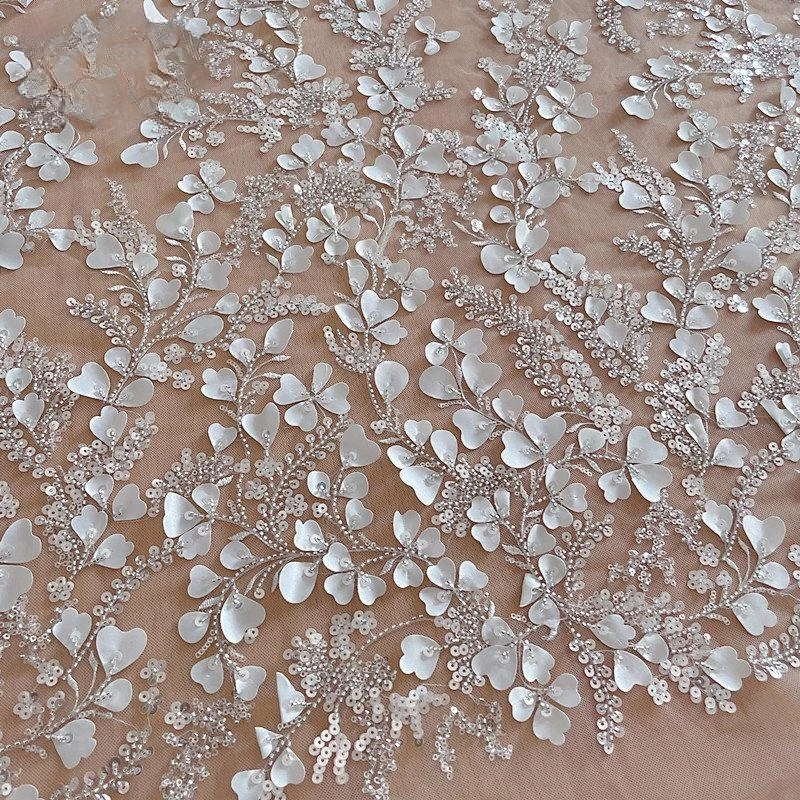 Bridal 3D Lace Fabric Beaded Sequin Wedding Dress Advanced Custom-made Sewing Fabric