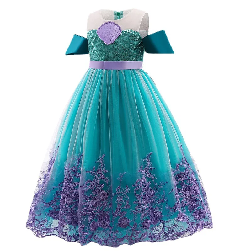 New pearl piece mermaid heavy industry embroidery lace princess dress girls bow dress