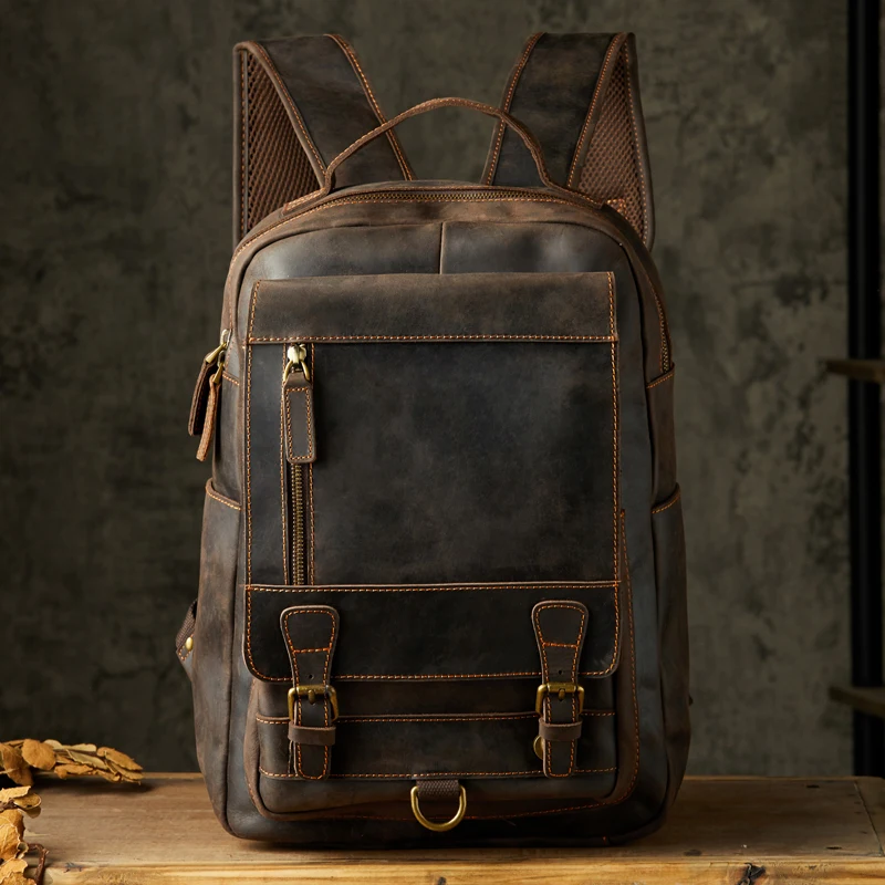 Vintage Handmade Crazy Horse Leather Backpack For Men Retro Genuine Leather Hiking Travel Rucksack Male Cowhide Business Bag