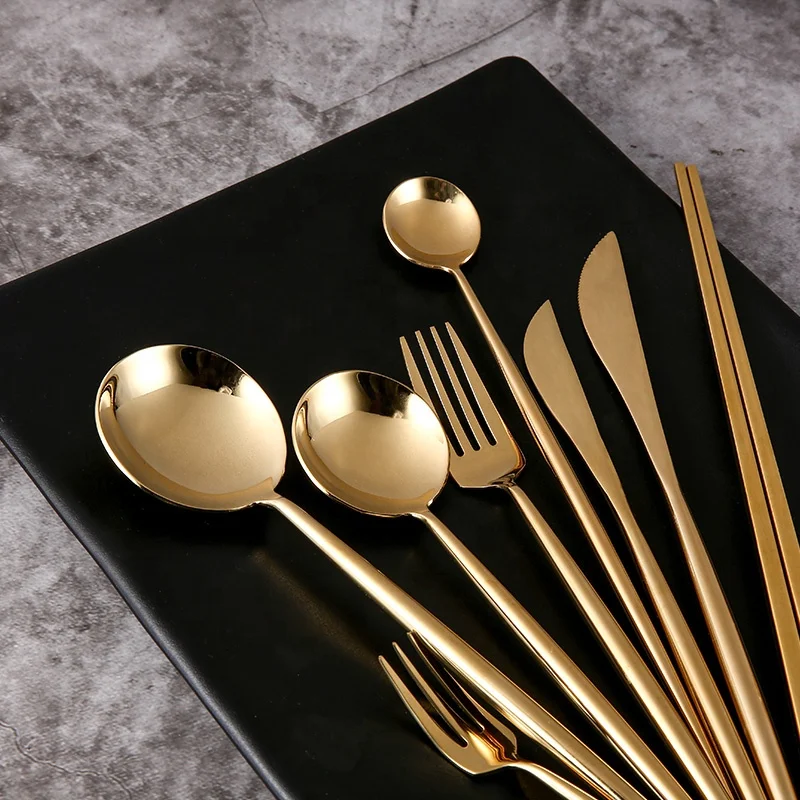 European Portuguese Mirror Golden Stainless Steel Household Western Food Knife Fork Spoon Chopsticks Four Piece Flatware Sets