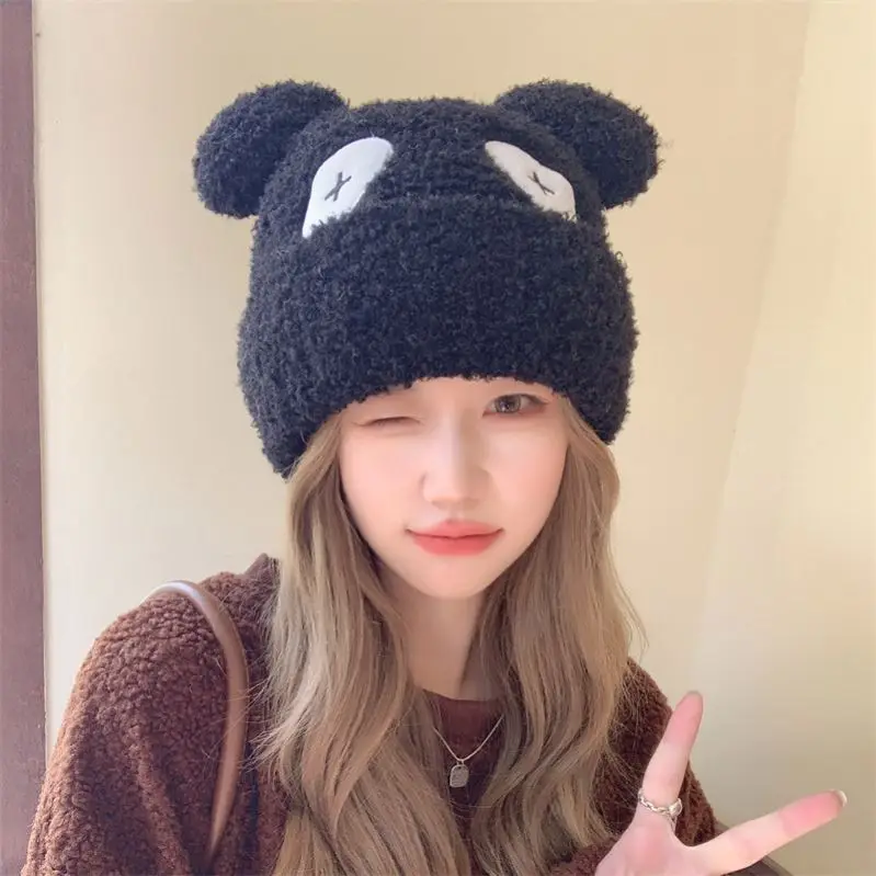 Hat Winter Female Cute Fashion Panda Lambswool Knitted Hat Thick Warm Earflaps Cartoon Plush Sleeve Cap