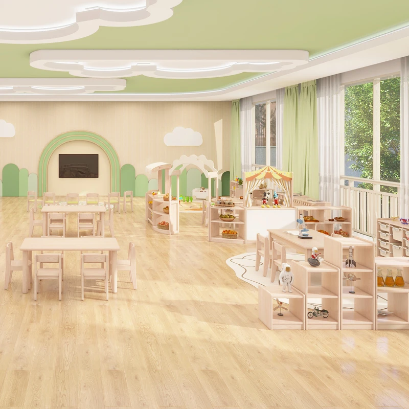 Simple round legs rectangular table combination kindergarten school furniture for children furniture for preschool wooden