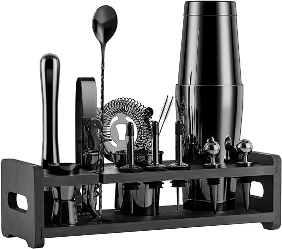 Cocktail Shaker Set Black Cocktail Strainer Set Double Measuring Cups Beverage Stirrer Stirring Spoon