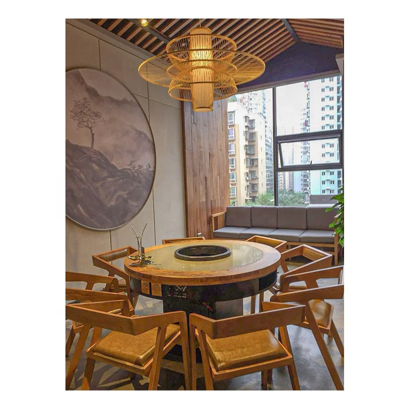 Hot Pot Table Smokeless Commercial Quartz  Wooden Edge Hotpot Table for Barbecue Restaurant