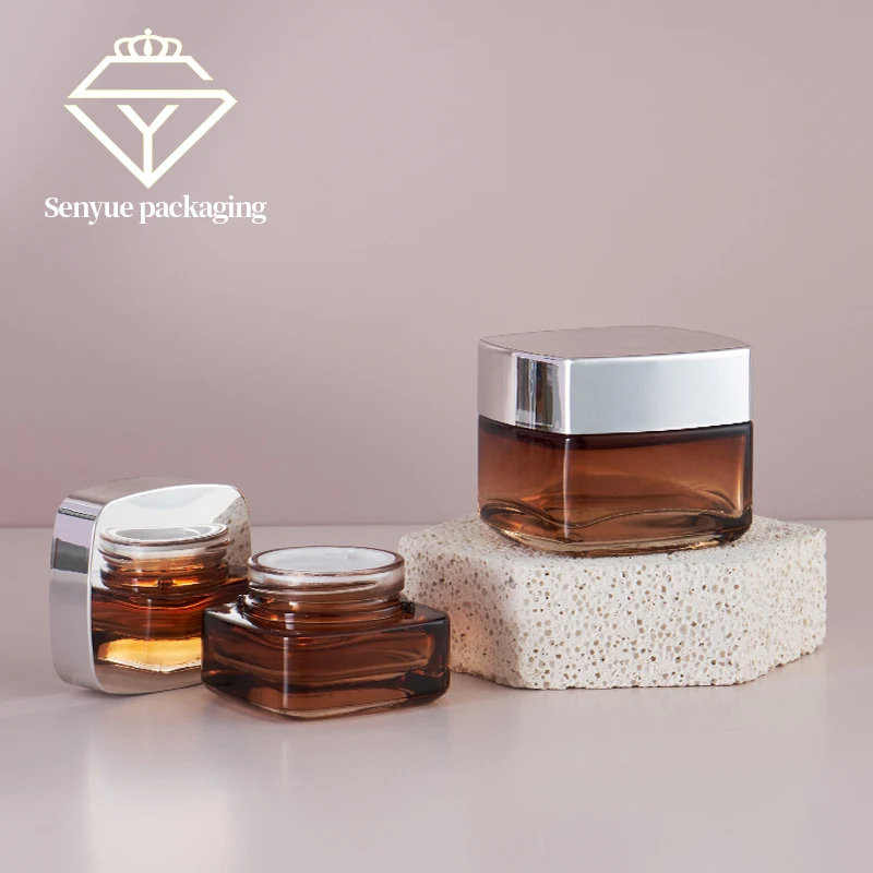 Manufacturer Wholesale Brown Square Cream Glass Jar 30g 50g mini Cosmetic Jar With White Lids