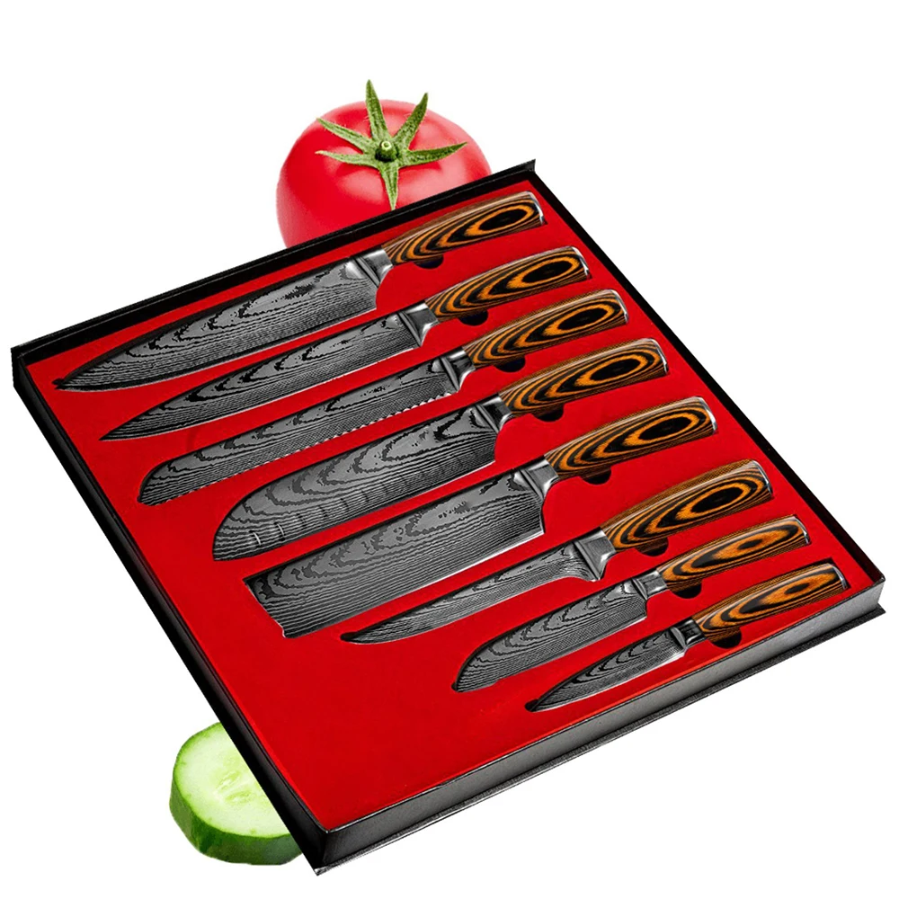 Custom Logo 67 layers 8 piece Chef Knife Wood Handle and Laser Damascus Pattern vg10 Japanese Kitchen Knife Set