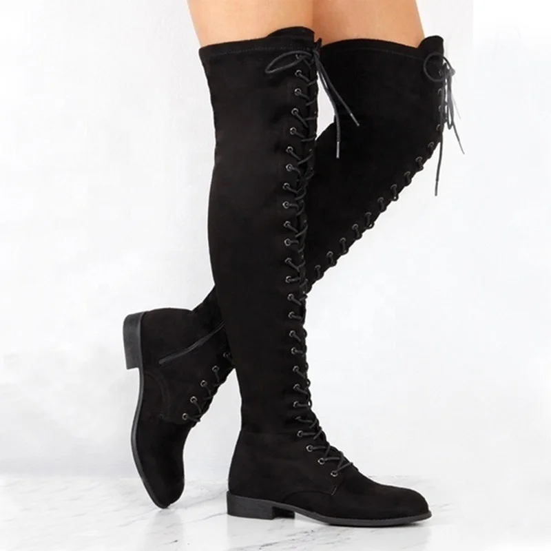 
2021 Latest Fashion women long Round toe lace-up long boots for women high boots women knee flat thigh high boots 