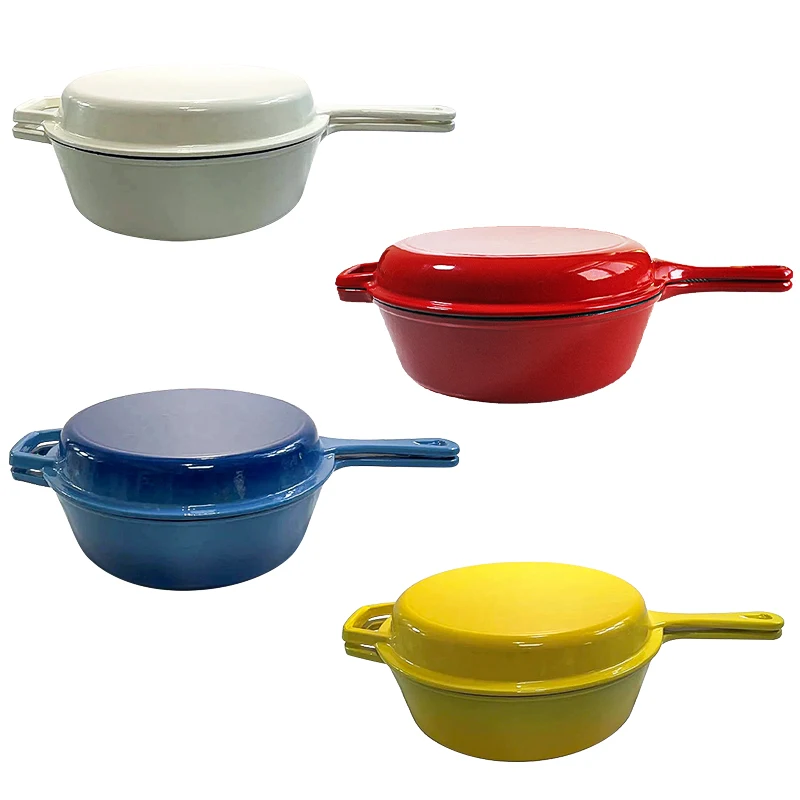 2 In 1 Enameled Cast Iron Cooking Pot Dutch Oven Enamel Non-stick Cast Iron Cookware Set with Long Handle