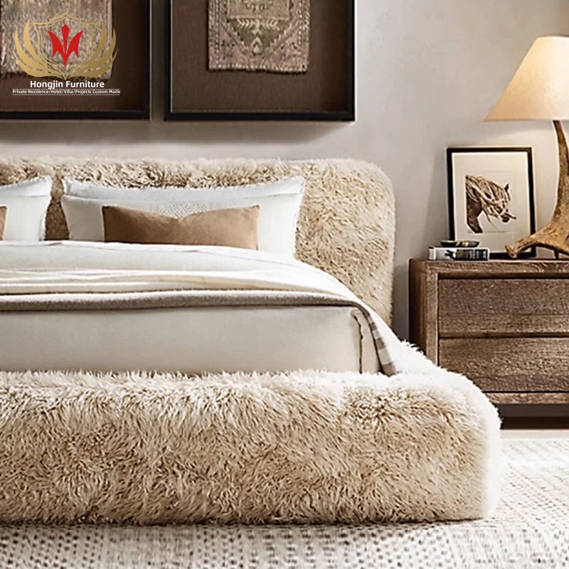 HJ HOME Postmodern Luxury Bedroom Furniture Solid pine Wood frame Sheepskin Platform King Size Bed For Villa bedroom