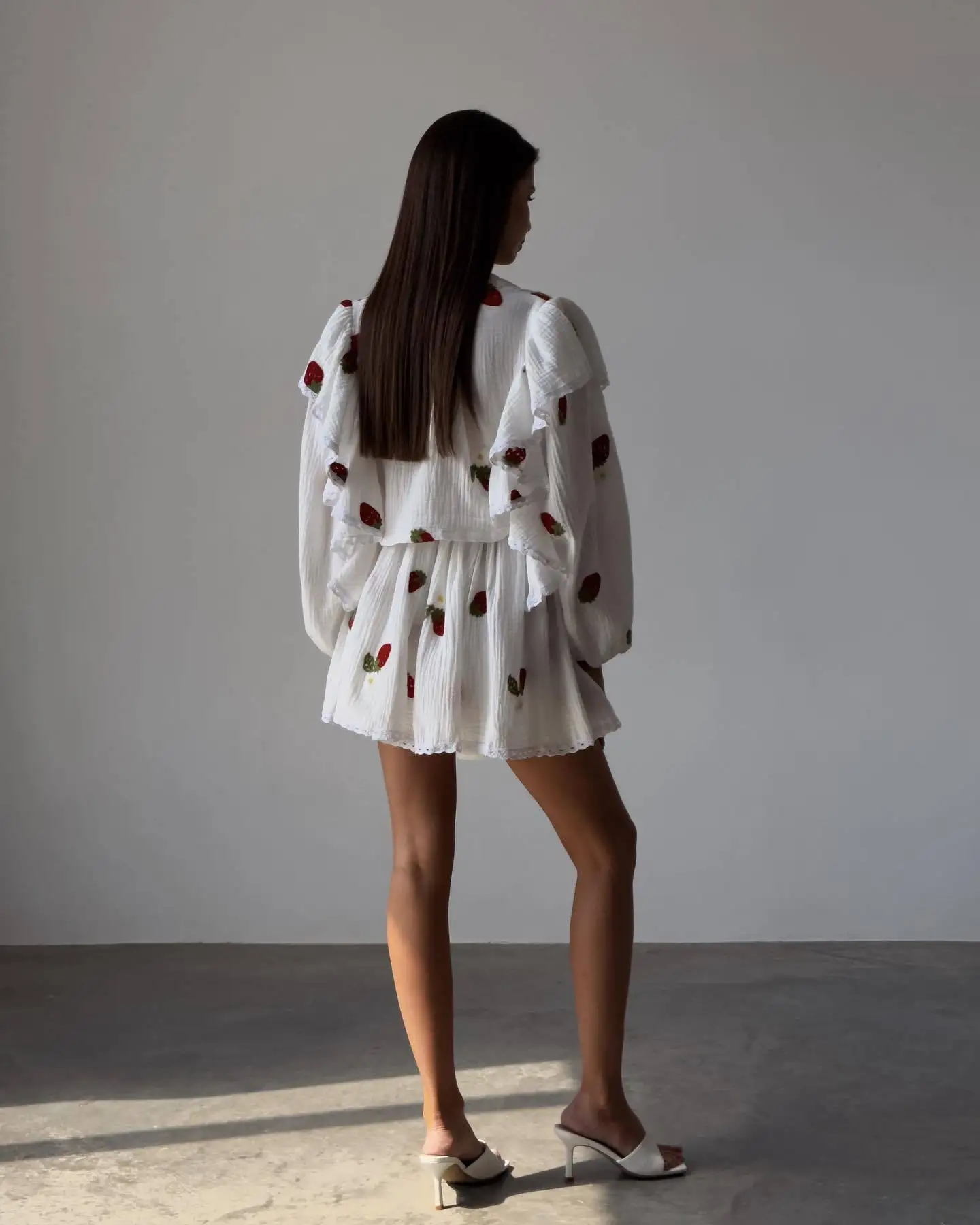 Custom women sweet set pajama soft cotton fabric lace long sleeve shirt skirt two piece strawberry pattern women pajama suits