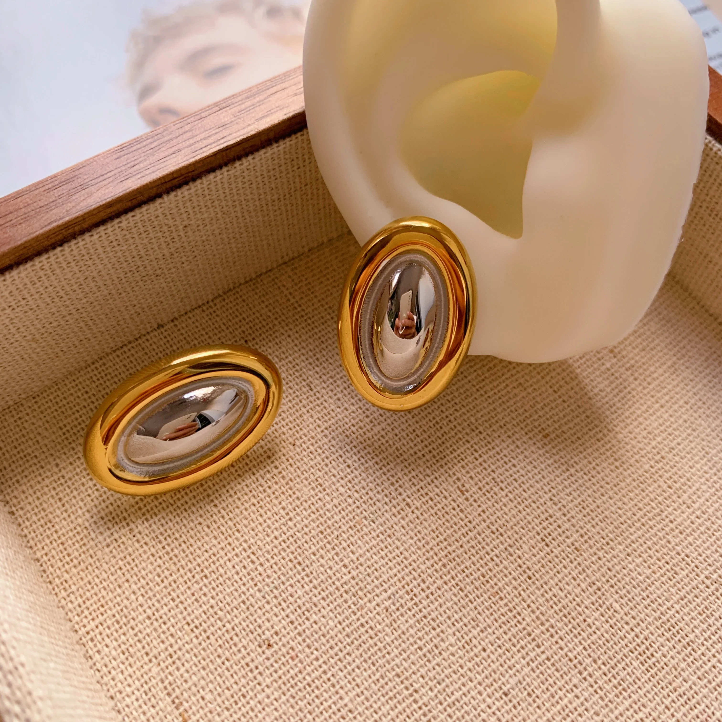 Fashion Stainless Steel Jewelry Two Toned Oval Earrings Wholesale Silver Gold Plated Chunky Bold Statement Earrings For Women